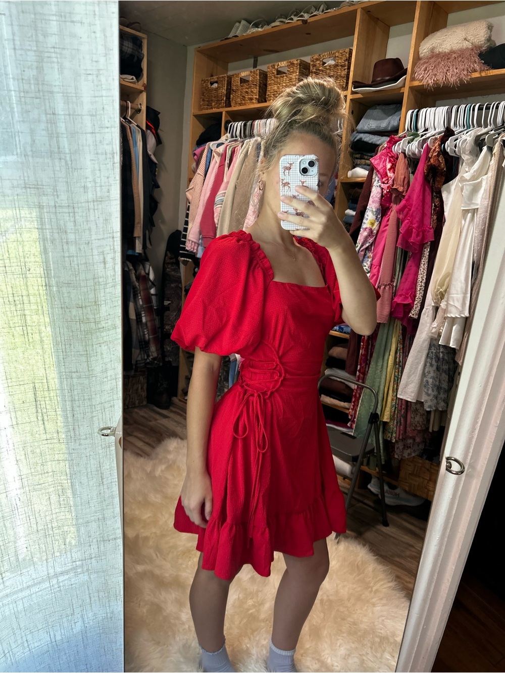 Red Puff-Sleeve Tie-Waist Dress size M